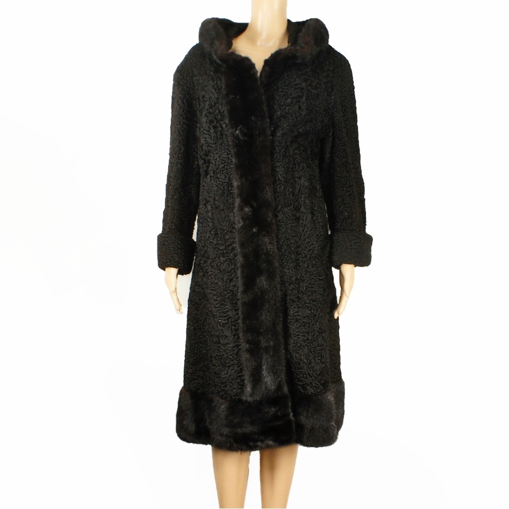 Vintage 40s 1940s Black Persian Lamb Coat Dark Brown Mink Fur Collar Trim Coat